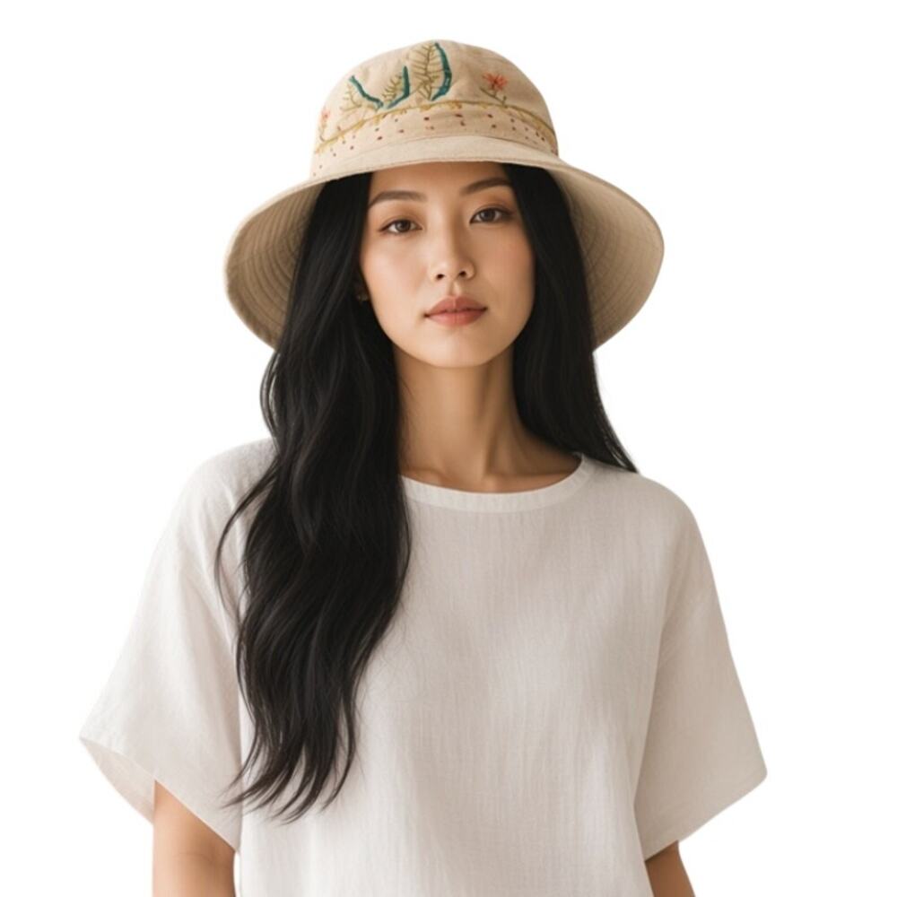 Scala Wide Brim Hand Embroidered Canvas Sun Hat
